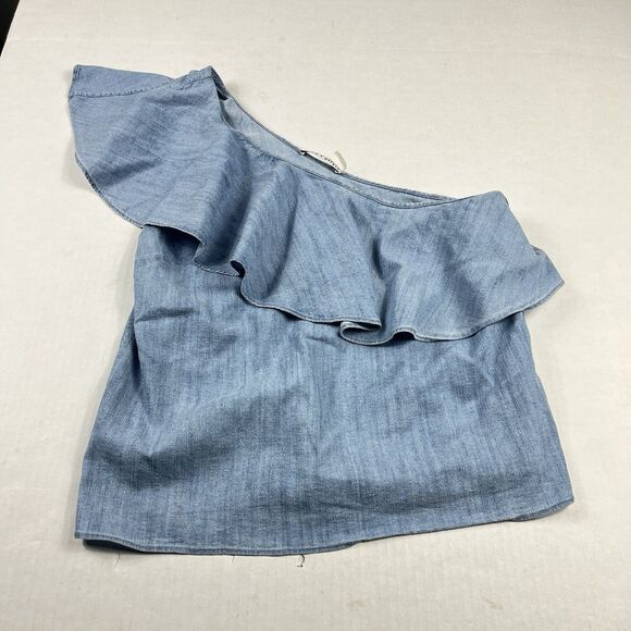 Alice + Olivia One Shoulder Chambray Top Linen Blend Ruffled Blue Shirt Large - Picture 1 of 9